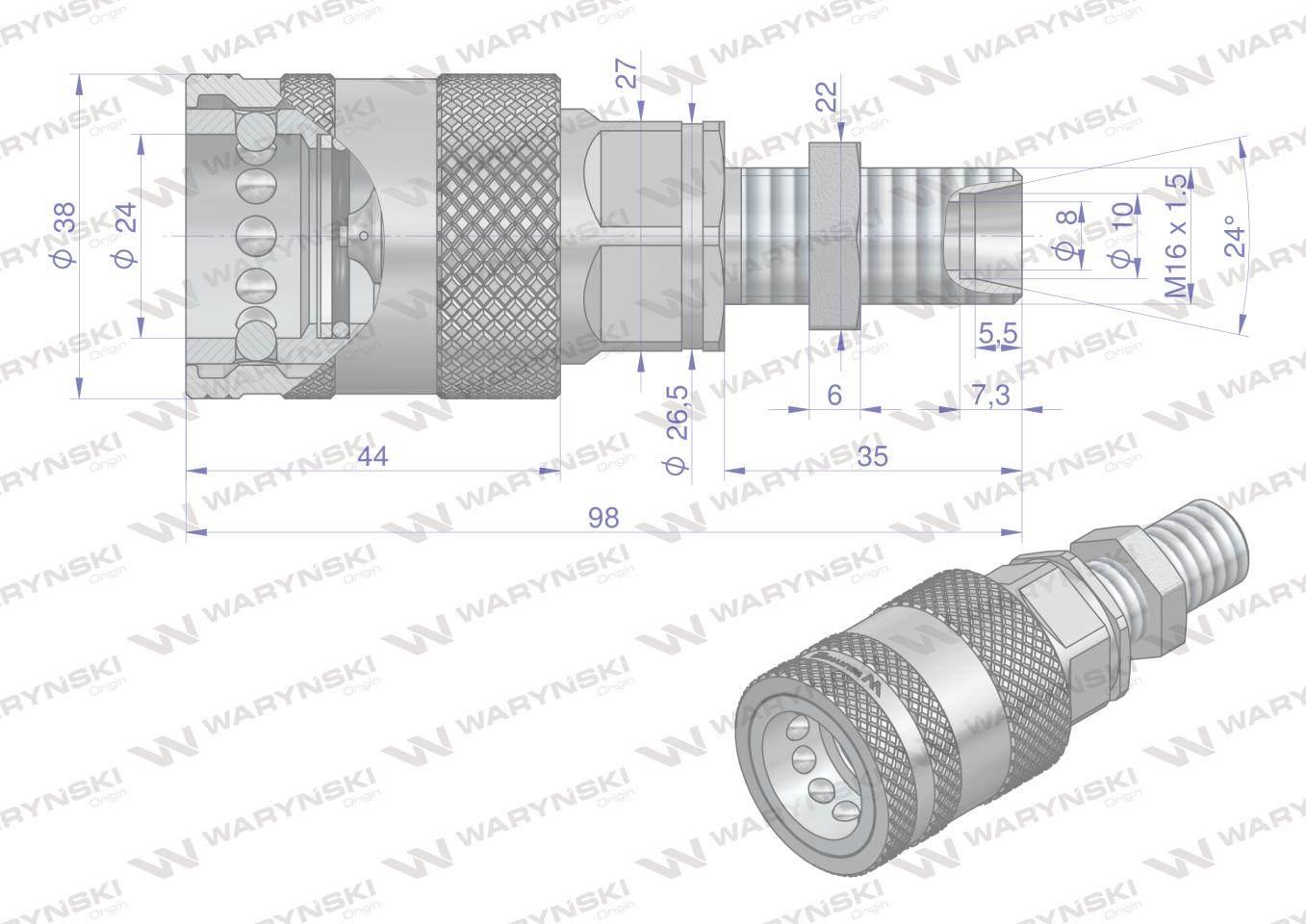 Szybkozłącze hydrauliczne gniazdo long M16x1.5 gwint zewnętrzny EURO PUSH-P - zdjęcie 4