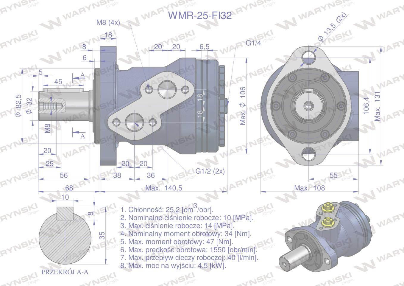 Silnik hydrauliczny orbitalny WMR 25 cm3/obr z wałkiem fi 32mm (100 bar / m - zdjęcie 4