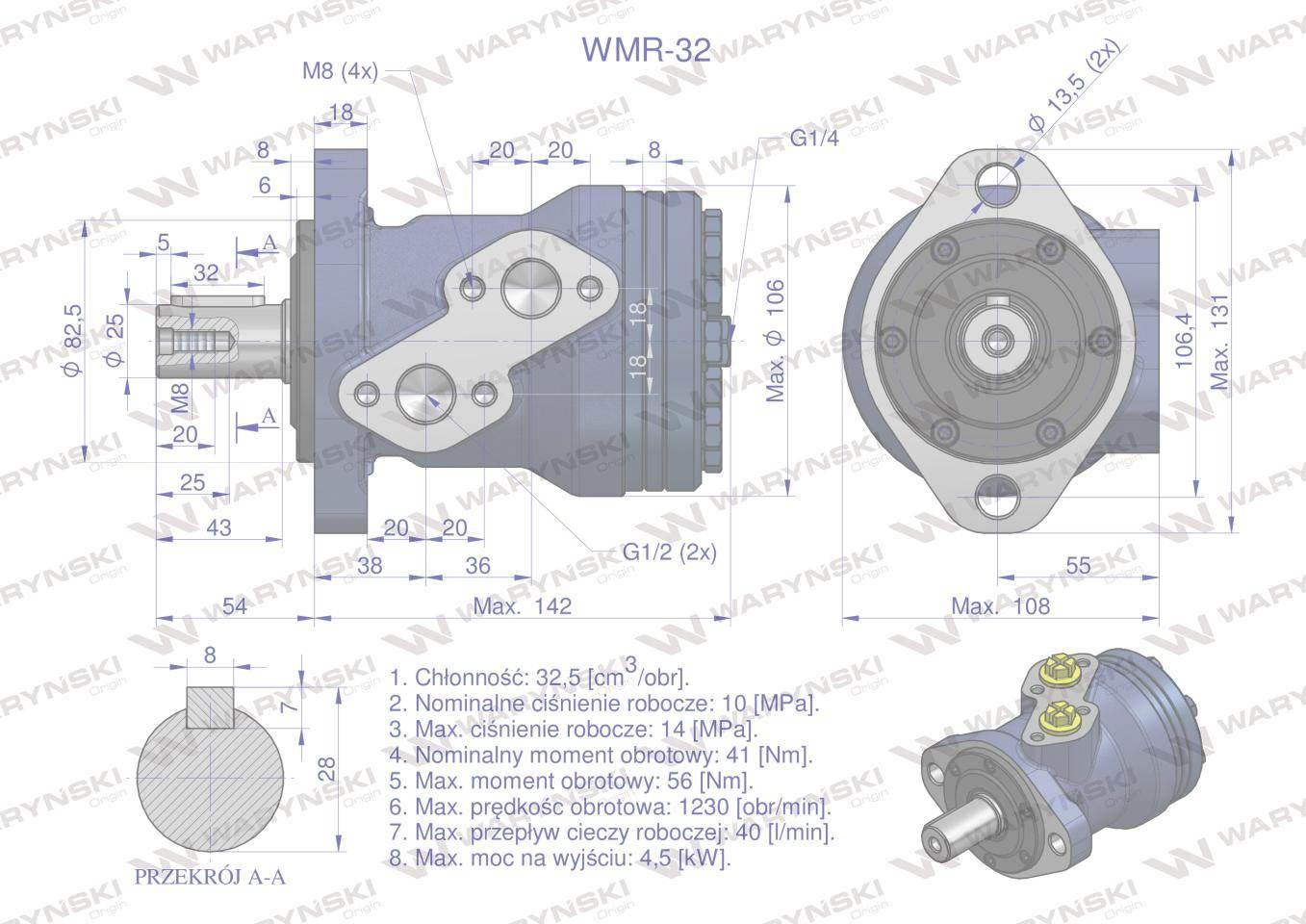 Silnik hydrauliczny orbitalny WMR 32 cm3/obr (100 bar / max.200 bar) Waryńs - zdjęcie 5