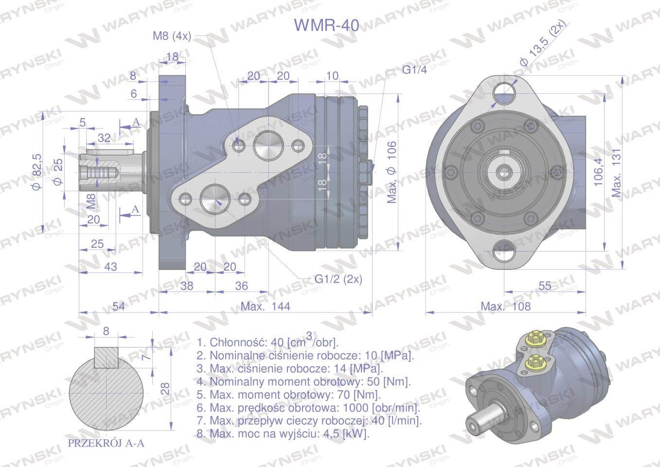 Silnik hydrauliczny orbitalny WMR 40 cm3/obr (100 bar / max.200 bar) Waryńs - zdjęcie 4