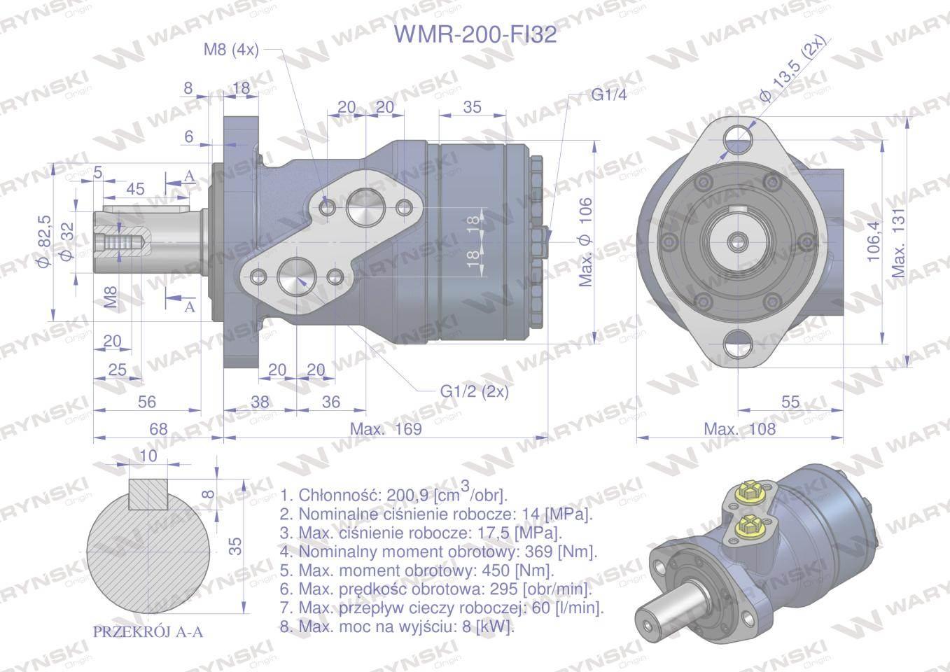 Silnik hydrauliczny orbitalny WMR 200 cm3/obr z wałkiem fi 32mm (140 bar / - zdjęcie 4