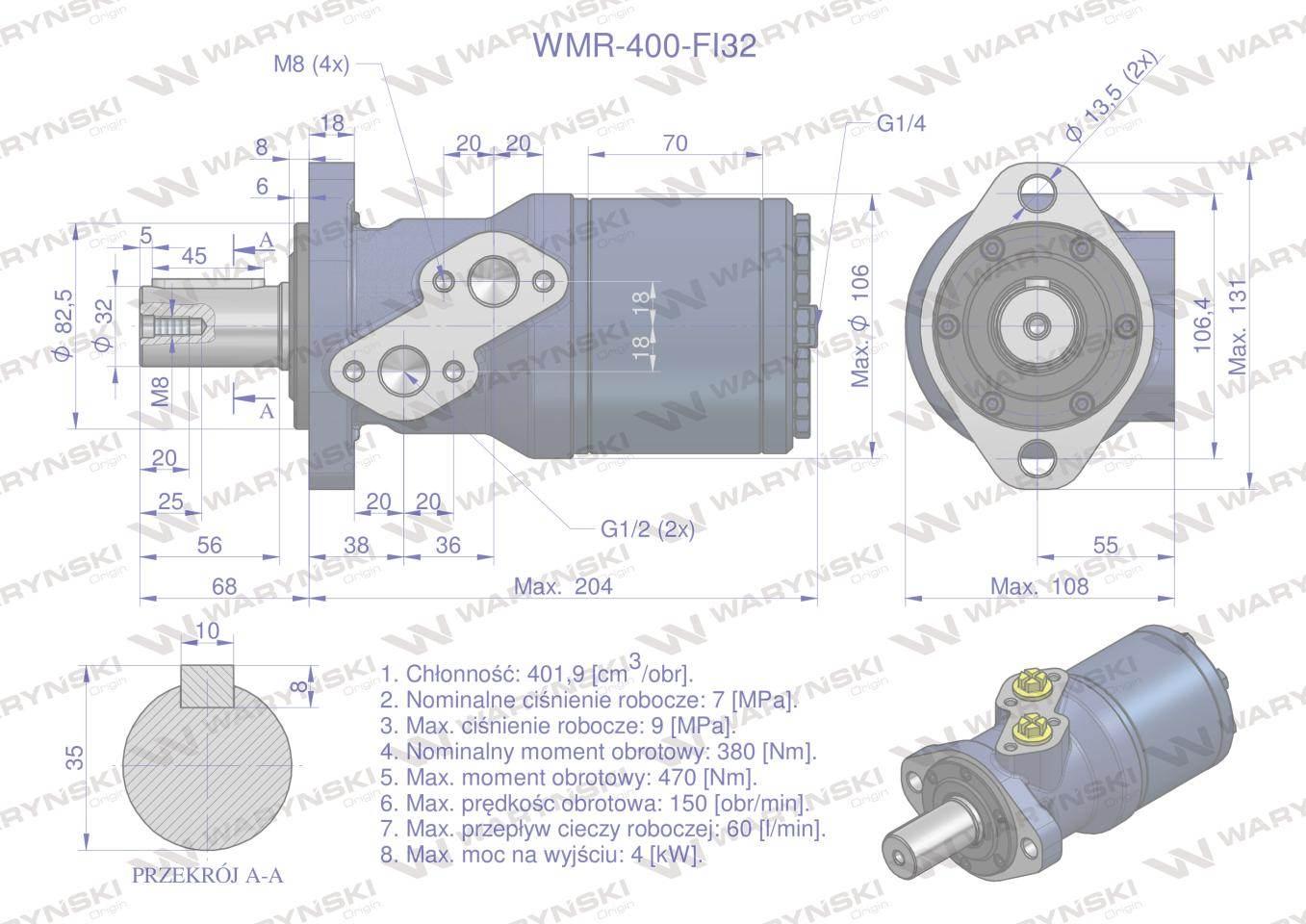 Silnik hydrauliczny orbitalny WMR 400 cm3/obr z wałkiem fi 32mm (70 bar / m - zdjęcie 4