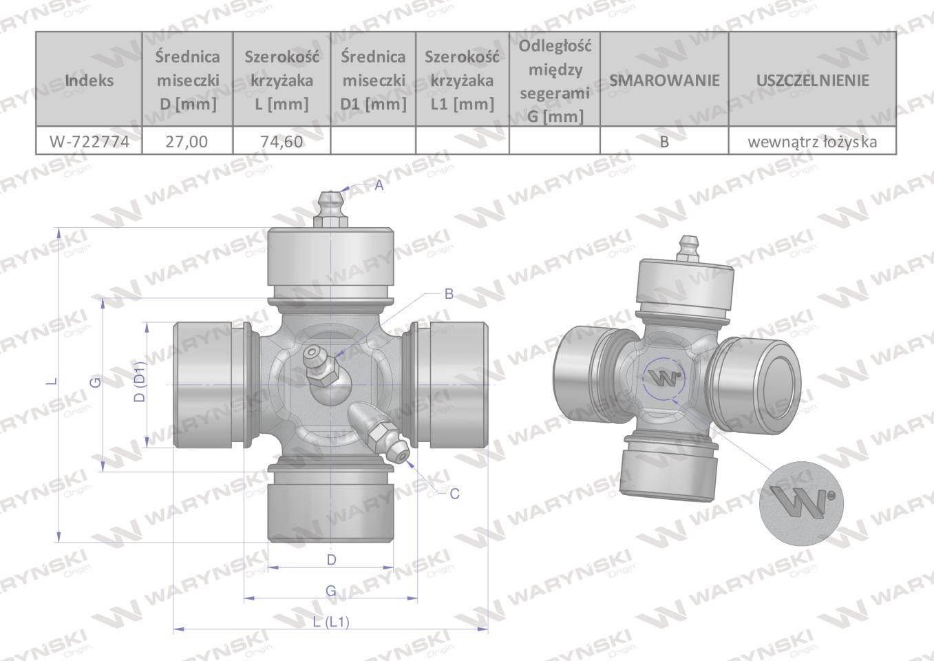 Krzyżak wału 27x74.60 smarowanie centralne Waryński W-722774 - zdjęcie 2
