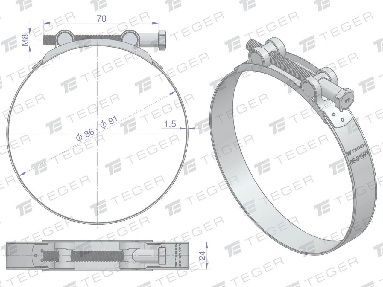 Opaska zaciskowa GBS 86-91 (obejma W1 - stal ocynkowana) szerkość 24mm TEGE - zdjęcie 2