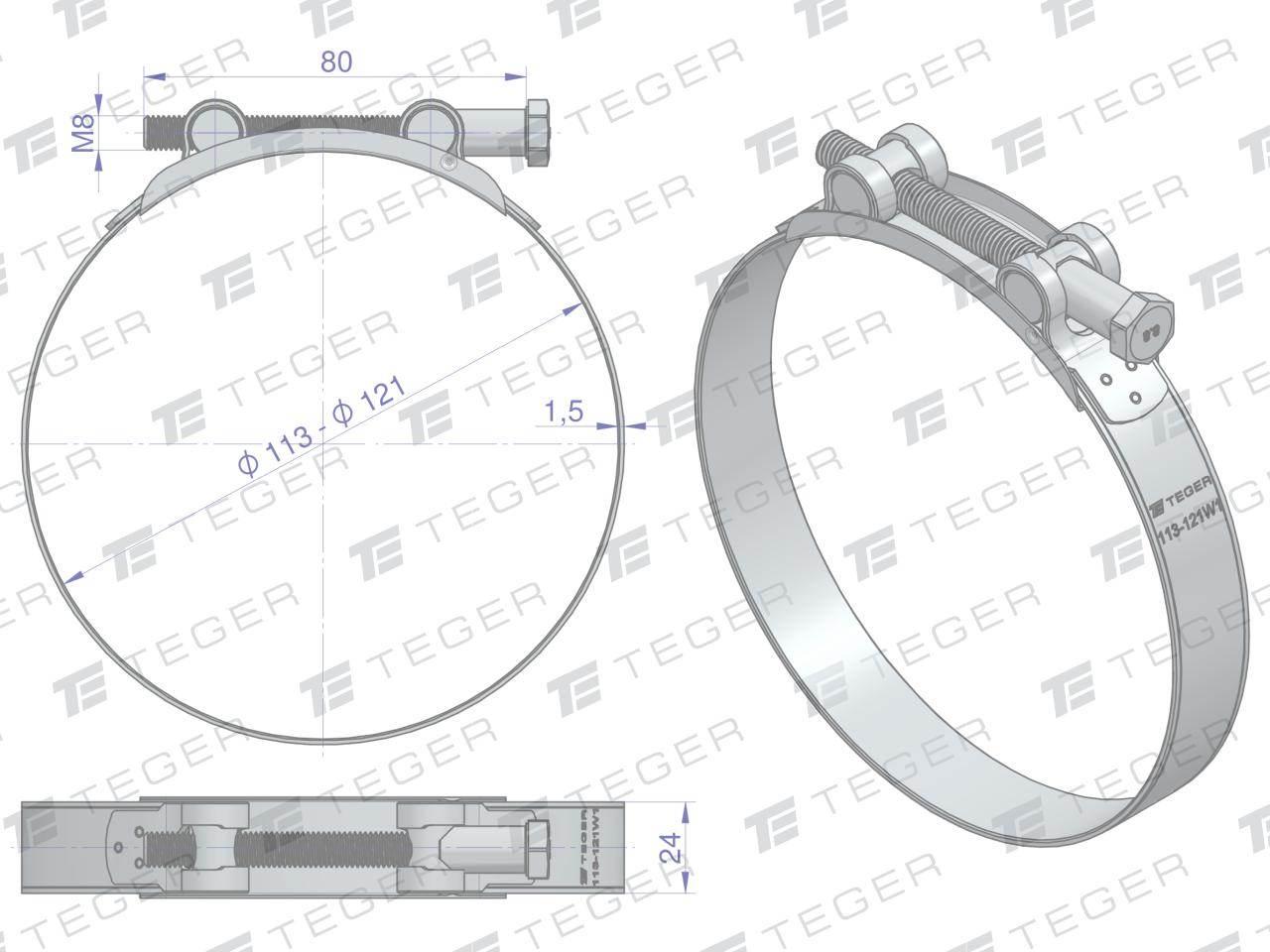 Opaska zaciskowa GBS 113-121 (obejma W1 - stal ocynkowana) szerkość 24mm TE - zdjęcie 2