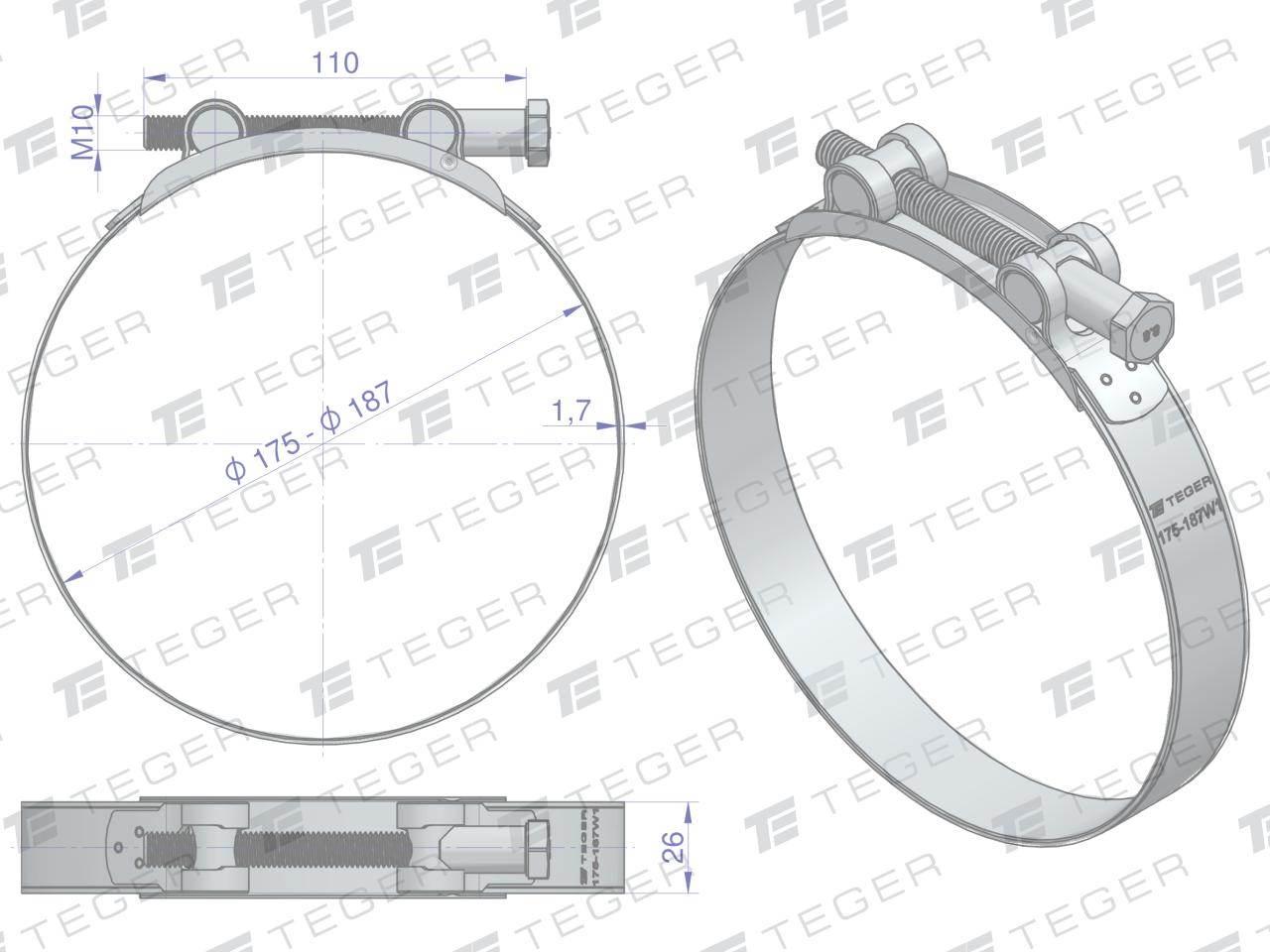 Opaska zaciskowa GBS 175-187 (obejma W1 - stal ocynkowana) szerkość 26mm TE - zdjęcie 2