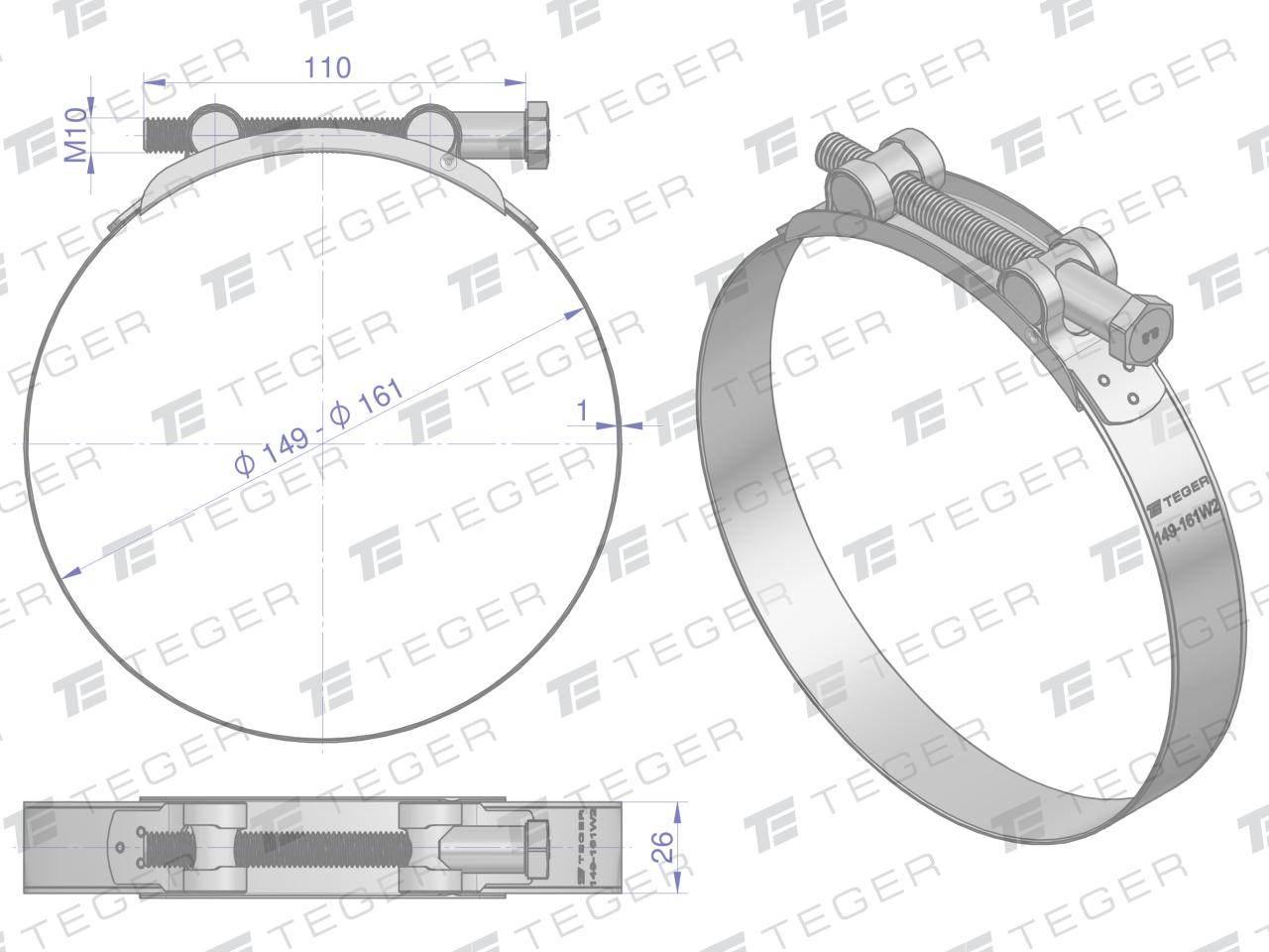 Opaska zaciskowa GBS 149-161 (obejma W2 - stal nierdzewna) szerkość 26mm TE - zdjęcie 2