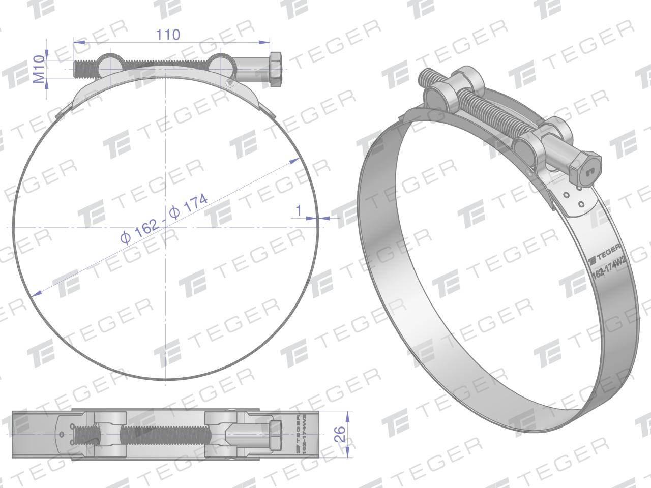 Opaska zaciskowa GBS 162-174 (obejma W2 - stal nierdzewna) szerkość 26mm TE - zdjęcie 2