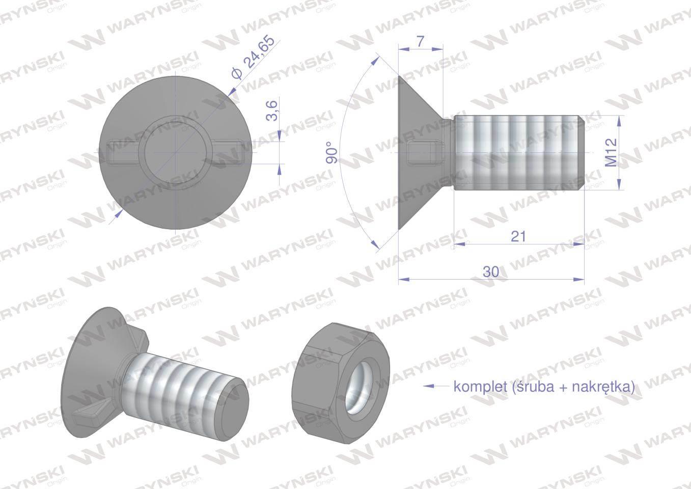 Śruba kpl. płużna dwunoskowa większy łeb M12x30 mm kl.12.9 Waryński 25szt - zdjęcie 3