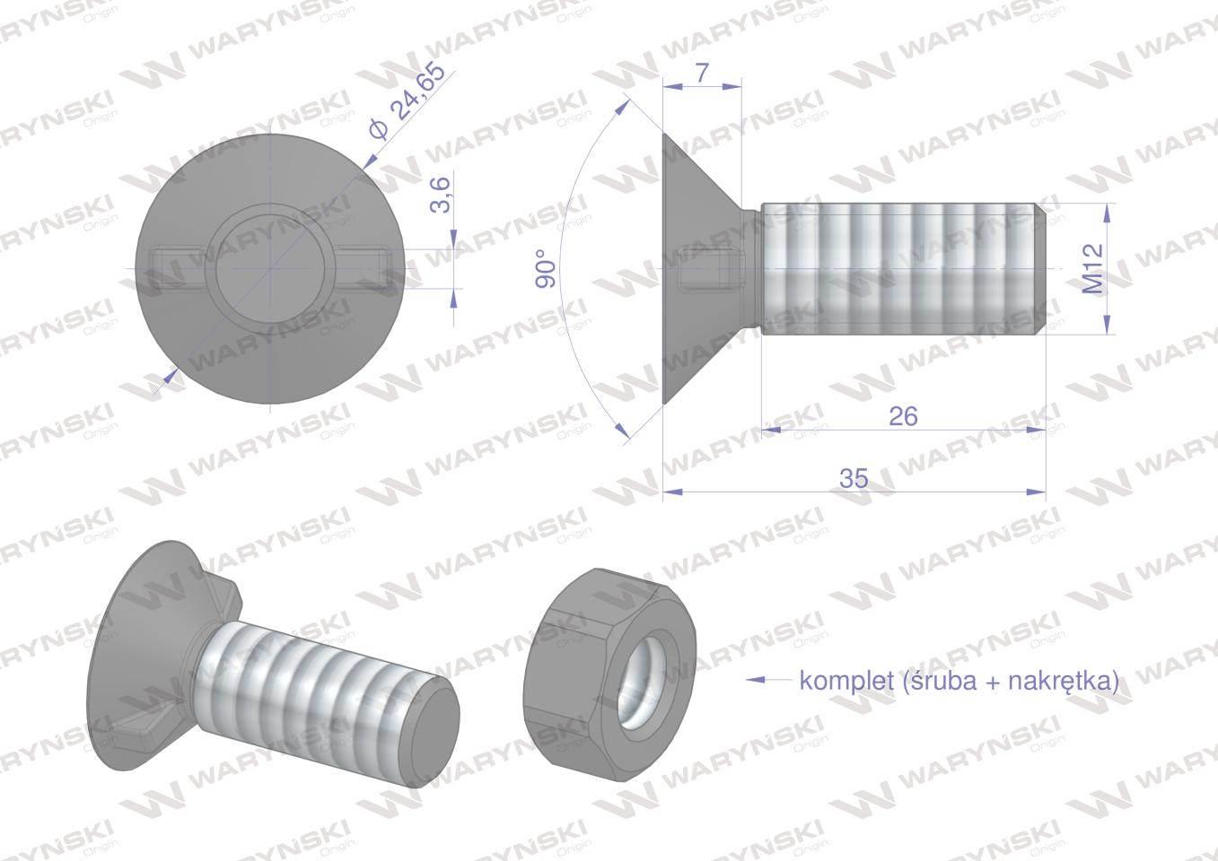 Śruba kpl. płużna dwunoskowa większy łeb M12x35 mm kl.12.9 Waryński 25szt - zdjęcie 3