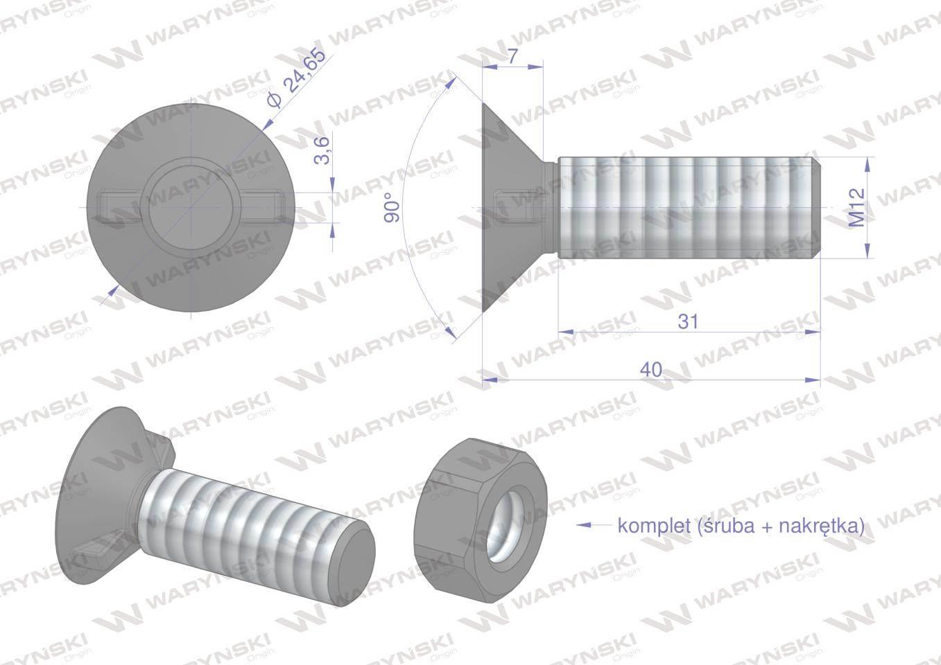 Śruba kpl. płużna dwunoskowa większy łeb M12x40 mm kl.12.9 Waryński 25szt - zdjęcie 3