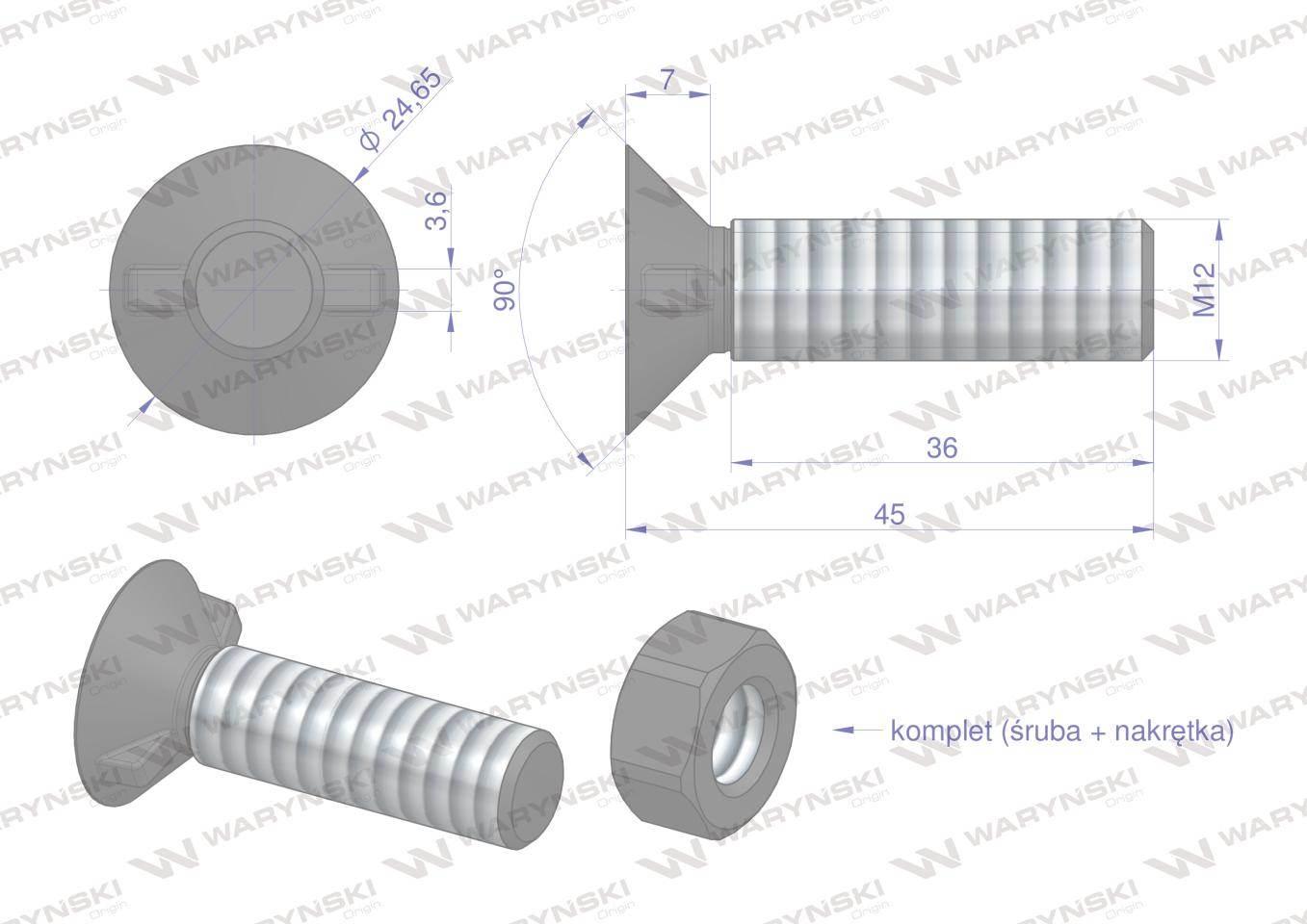 Śruba kpl. płużna dwunoskowa większy łeb M12x45 mm kl.12.9 Waryński 25szt - zdjęcie 3
