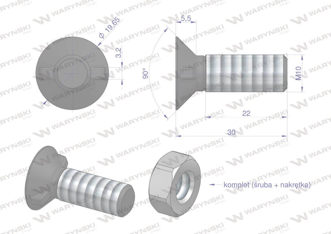 Śruba kpl. płużna dwunoskowa większy łeb M10x30 mm kl.10.9 Waryński 25szt - zdjęcie 3