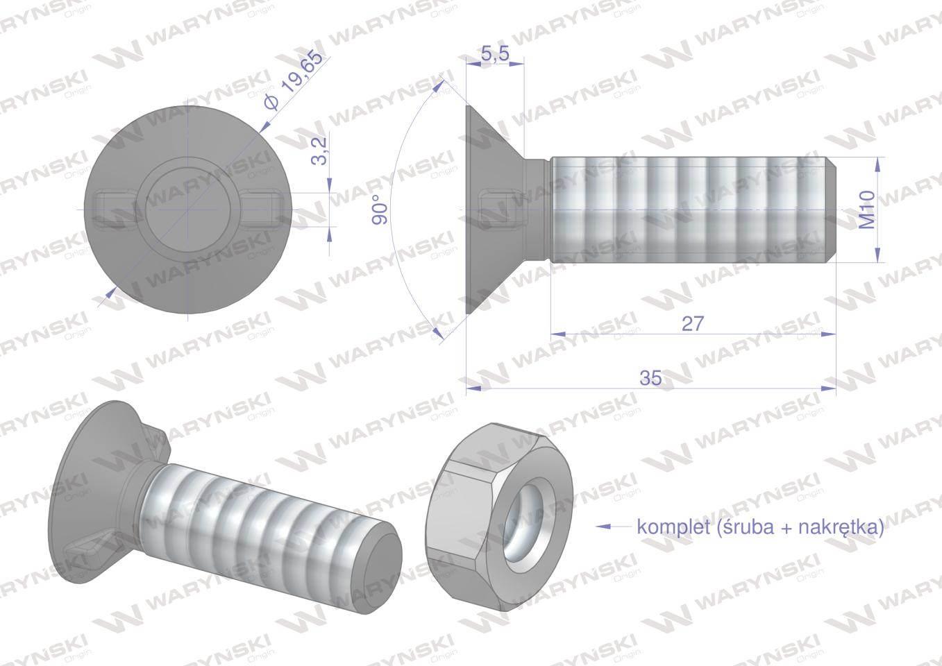 Śruba kpl. płużna dwunoskowa większy łeb M10x35 mm kl.10.9 Waryński 25szt - zdjęcie 3