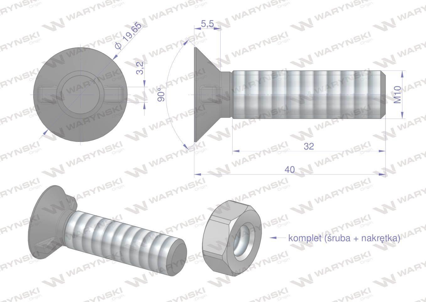 Śruba kpl. płużna dwunoskowa większy łeb M10x40 mm kl.10.9 Waryński 25szt - zdjęcie 3