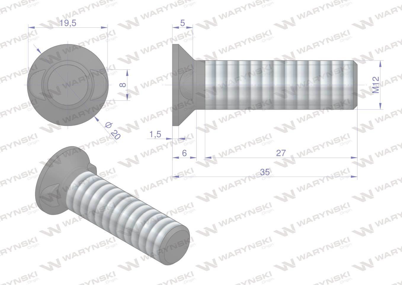 Śruba płużna dwunoskowa M12x35 mm kl.12.9 Waryński 10szt W-173121235/KG - zdjęcie 2