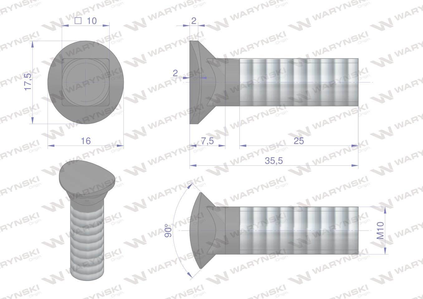 Śruba redliczkowa półokrągła M10x35 mm kl. 8.8 Waryński 10szt - zdjęcie 3