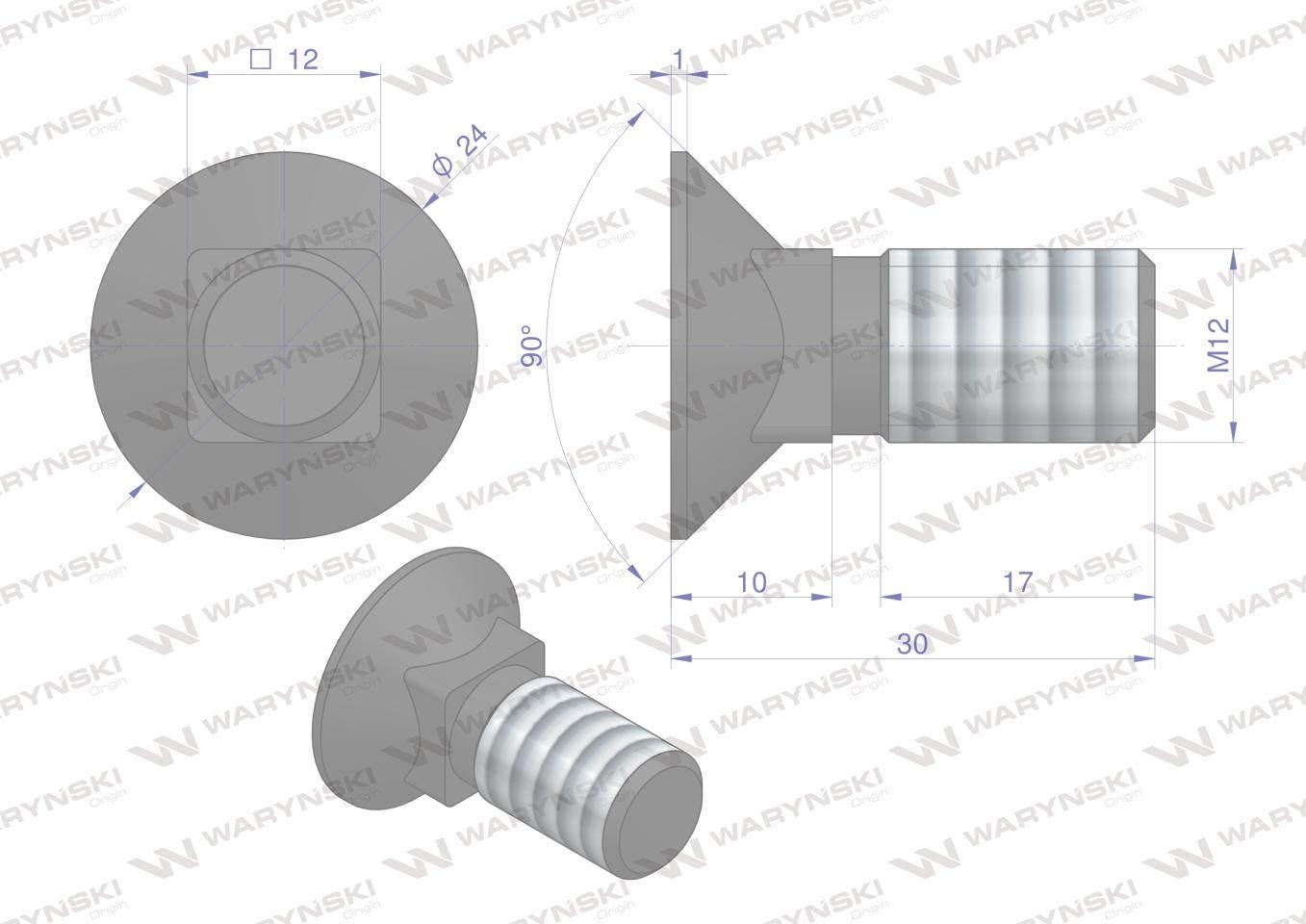 Śruba płużna podsadzana D 608 M12x30 mm kl.10.9 Waryński 10szt - zdjęcie 2