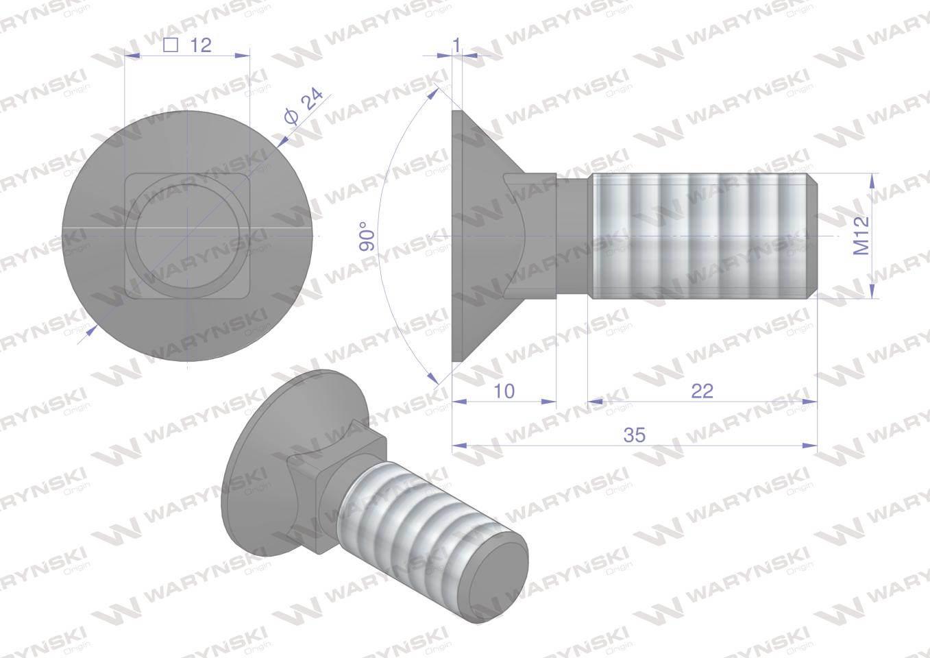 Śruba płużna podsadzana D 608 M12x35 mm kl.10.9 Waryński 10szt - zdjęcie 2