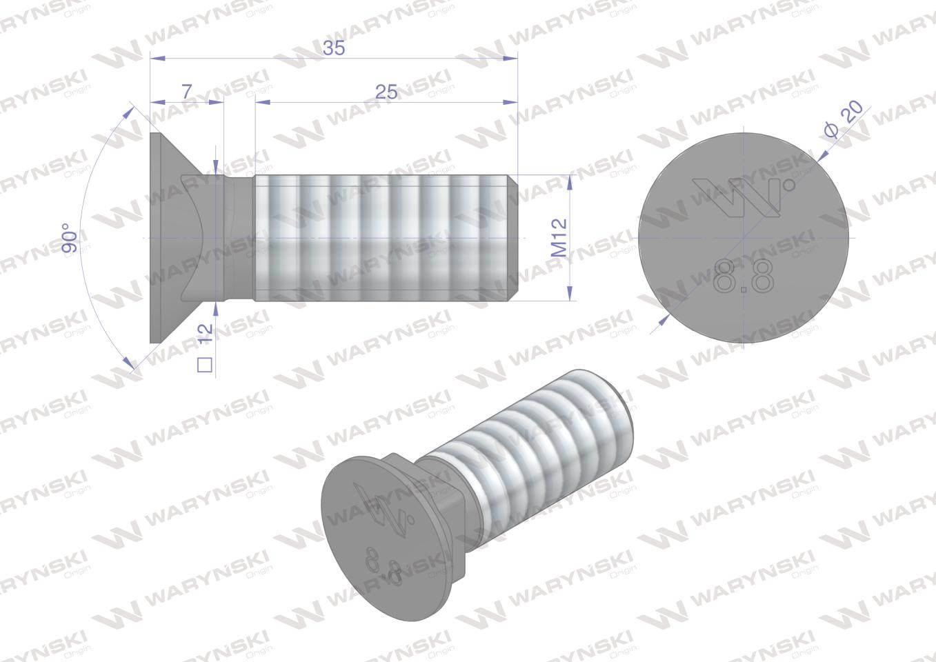 Śruba płużna podsadzana M12x35 mm kl.8.8 Waryński 10szt W-608881235/KG - zdjęcie 2