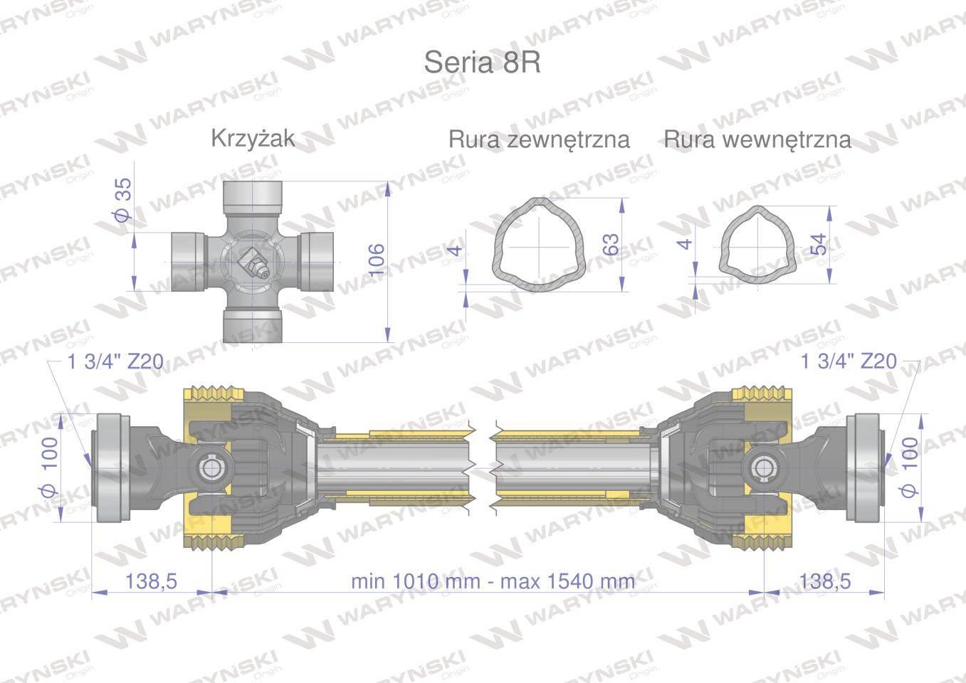 Wał przegubowo-teleskopowy 1010-1540mm 1240Nm Z20 - 1 3/4 z dwóch stron CE - zdjęcie 2