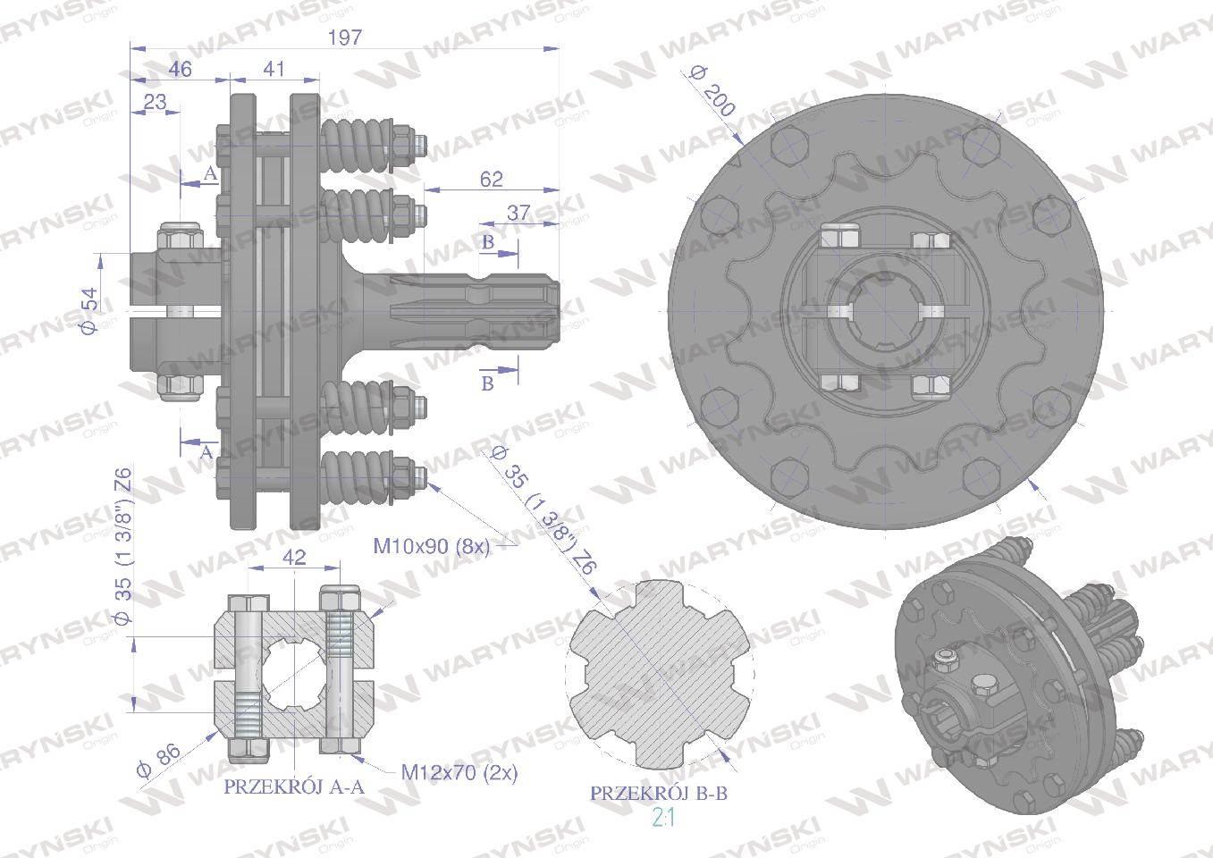 Sprzęgło zewnętrzne cierne wału 1200Nm - 1 3/8 Z6 Waryński WR2413301 - zdjęcie 3