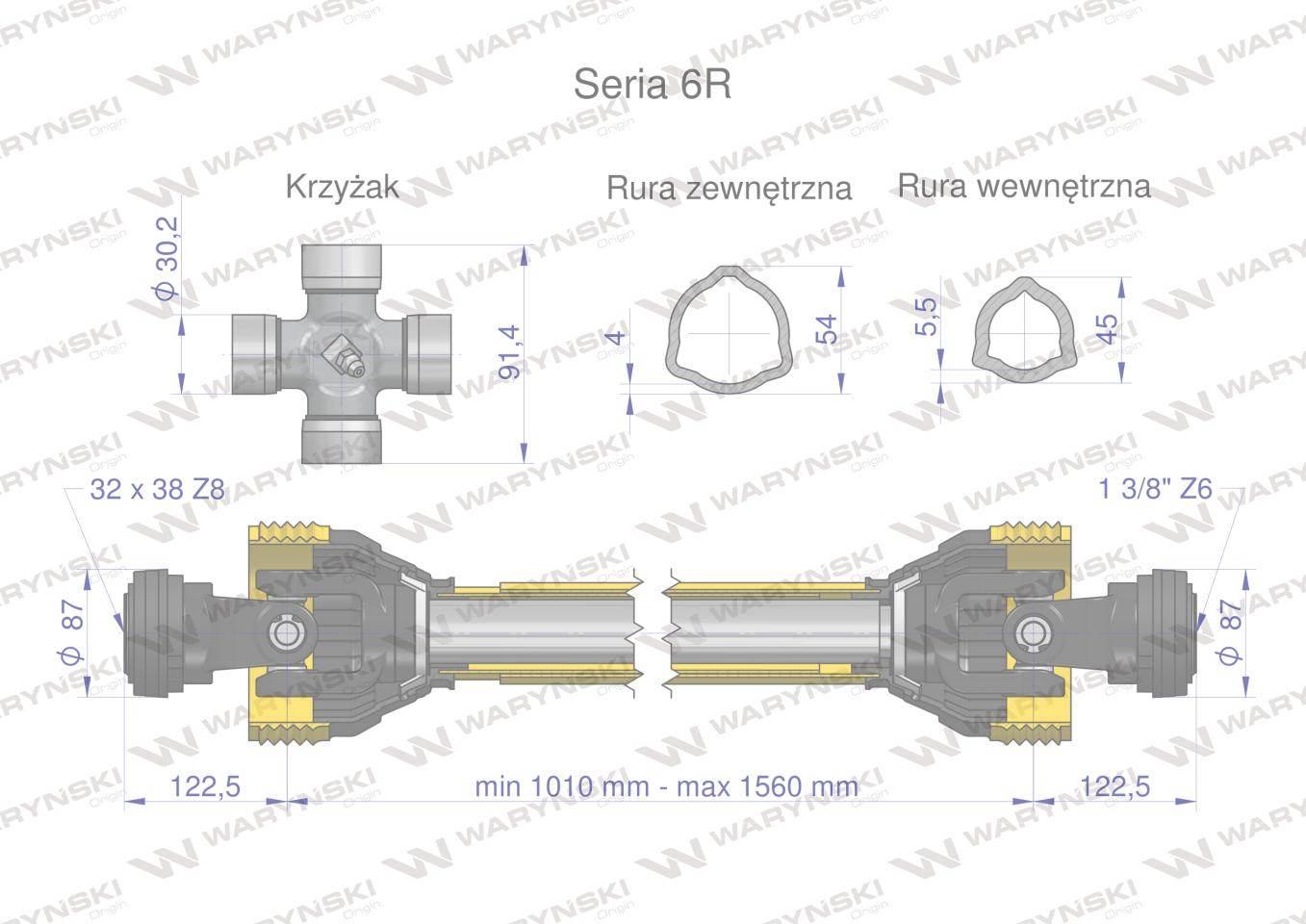 Wał przegubowo-teleskopowy 1010-1560mm 830Nm 32X38 Z8 CE 2020 seria 6R Wary - zdjęcie 3