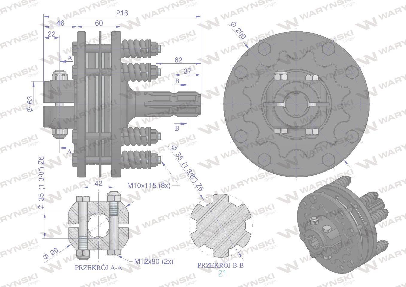 Sprzęgło zewnętrzne cierne wału 1700Nm - 1 3/8 Z6 Waryński WR2413401 - zdjęcie 3