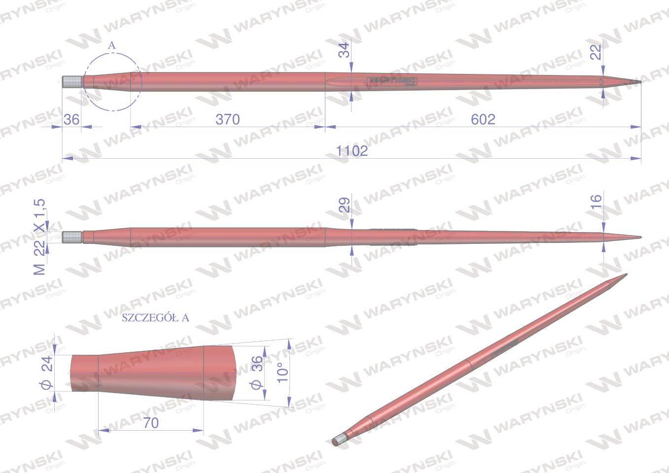 Ząb ładowacza uniwersalny czerwony prosty L- 1100 mm zastosowanie 5193-RT1 - zdjęcie 2
