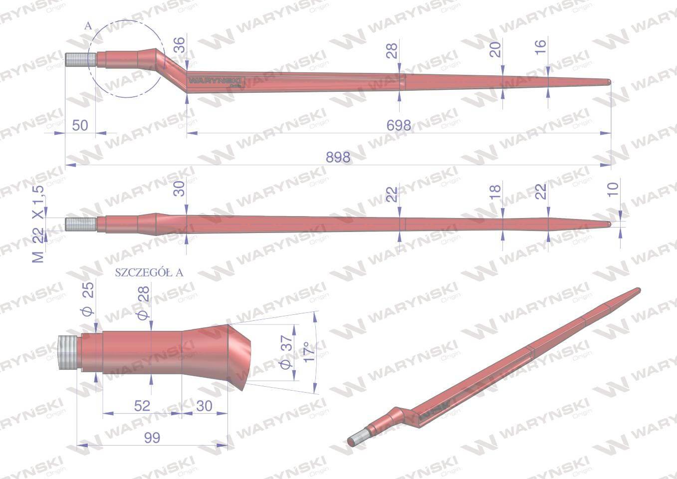 Ząb ładowacza uniwersalny czerwony Z L- 880 mm zastosowanie 5193-FT88N Tur - zdjęcie 3