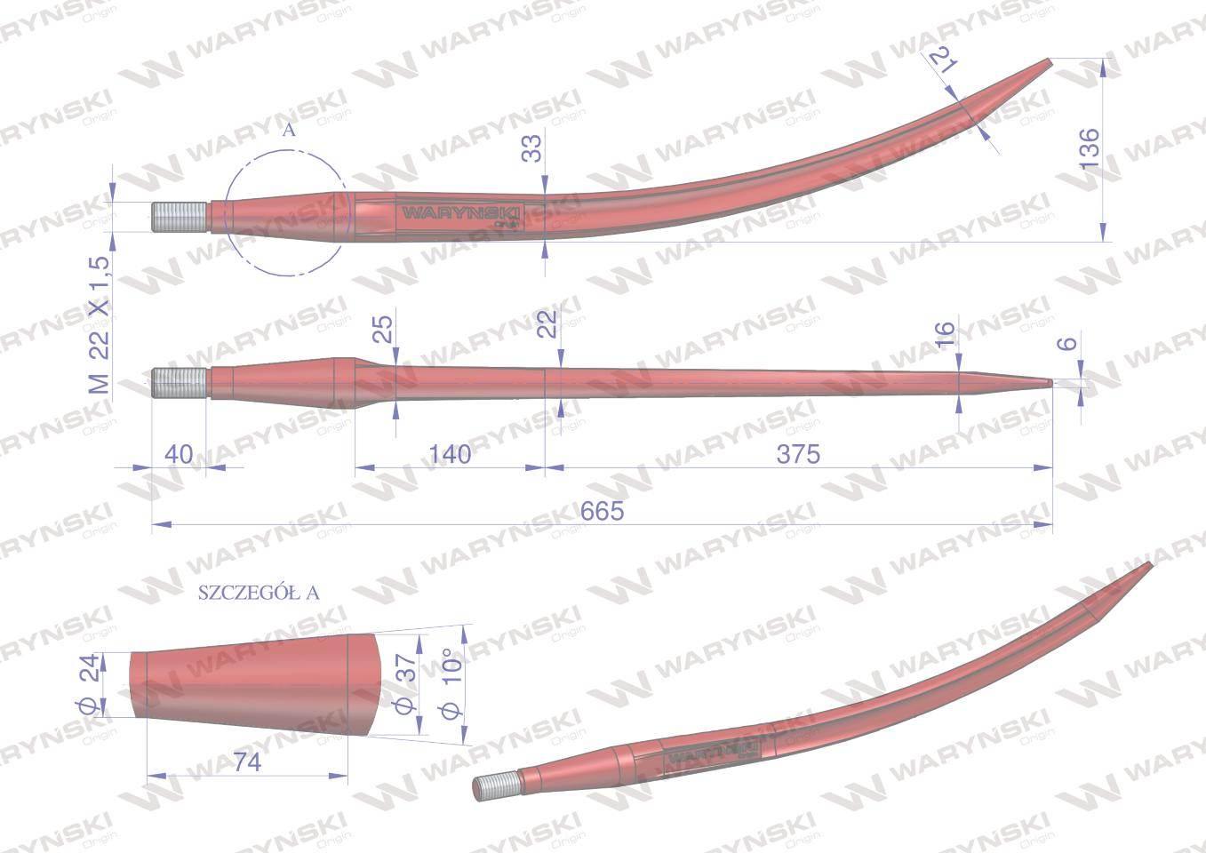 Ząb ładowacza czerwony wygięty zamykający L- 680 mm chwytak (krokodyl) zas. - zdjęcie 2