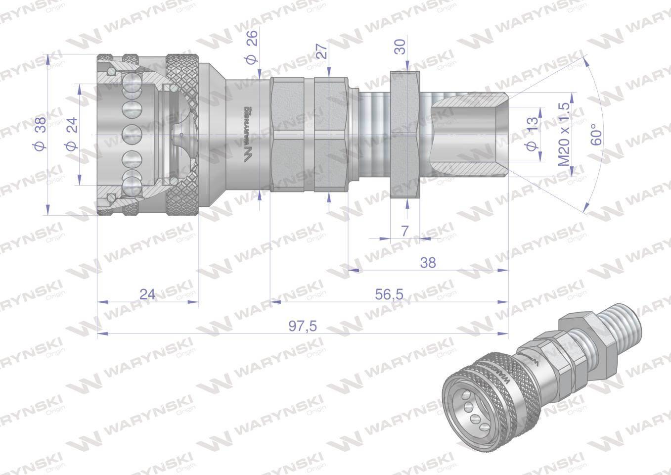 Szybkozłącze hydrauliczne gniazdo z eliminatorem ciśnienia long M20x1.5 gwi - zdjęcie 3