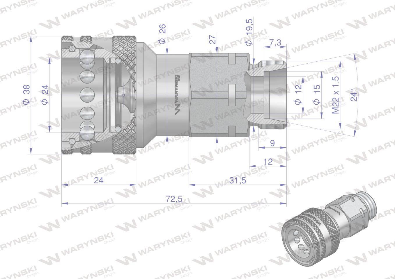 Szybkozłącze hydrauliczne gniazdo z eliminatorem ciśnienia M22x1.5 gwint ze - zdjęcie 3