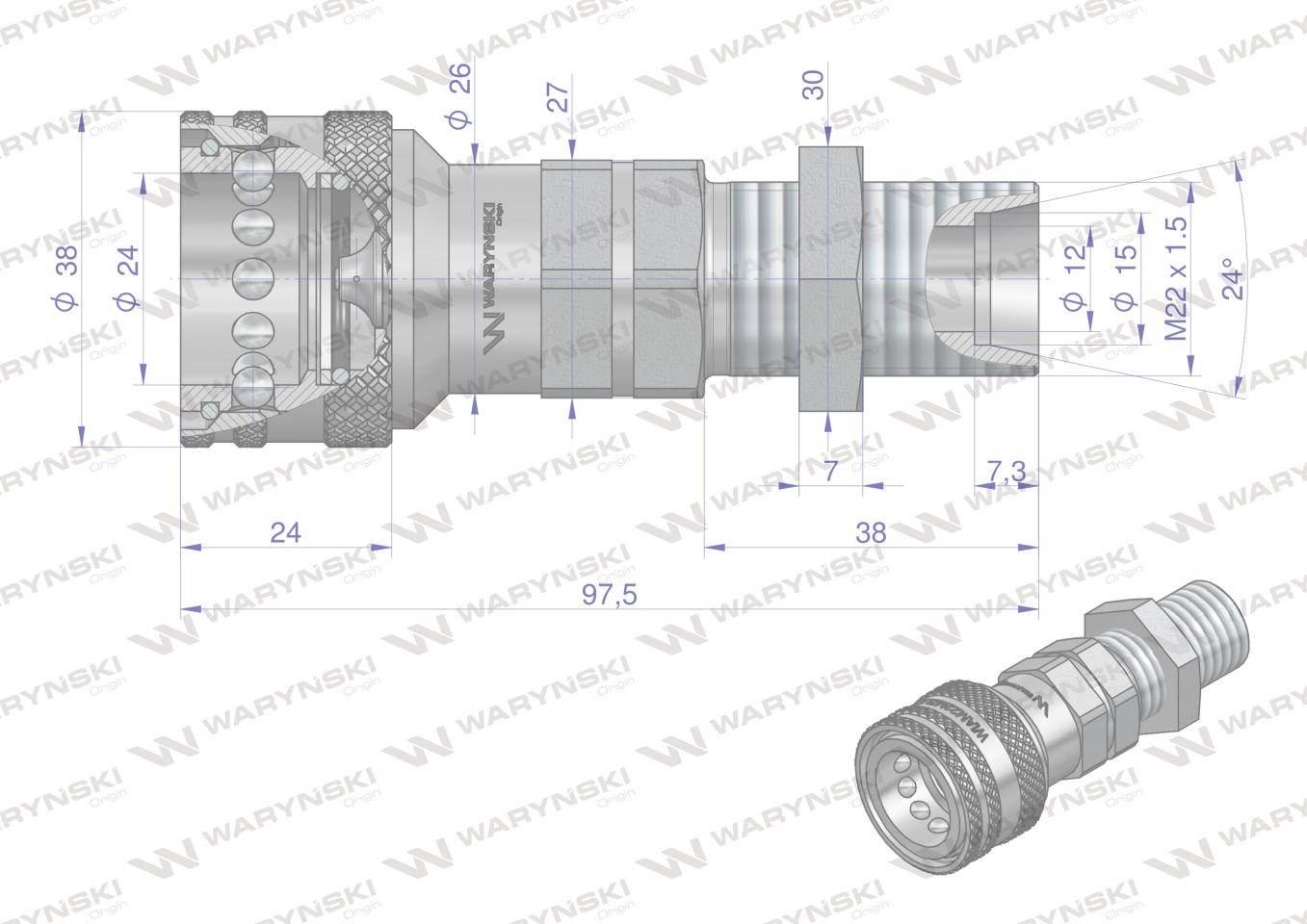 Szybkozłącze hydrauliczne gniazdo z eliminatorem ciśnienia long M22x1.5 gwi - zdjęcie 3