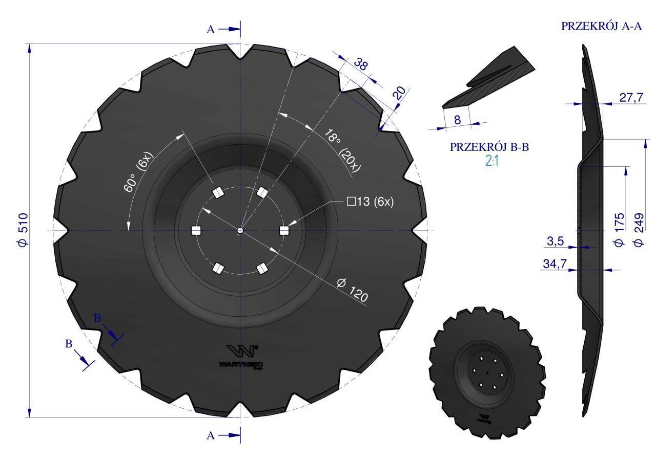 Talerz uzębiony Z-20 fi 510 mocowanie 6/120 grubość 3.5 mm przetłoczony sta - zdjęcie 3