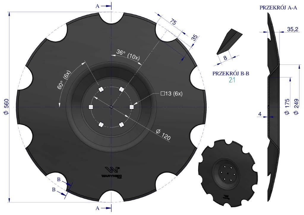 Talerz uzębiony Z-10 fi 560 mocowanie 6/120 grubość 4 mm przetłoczony stal - zdjęcie 3