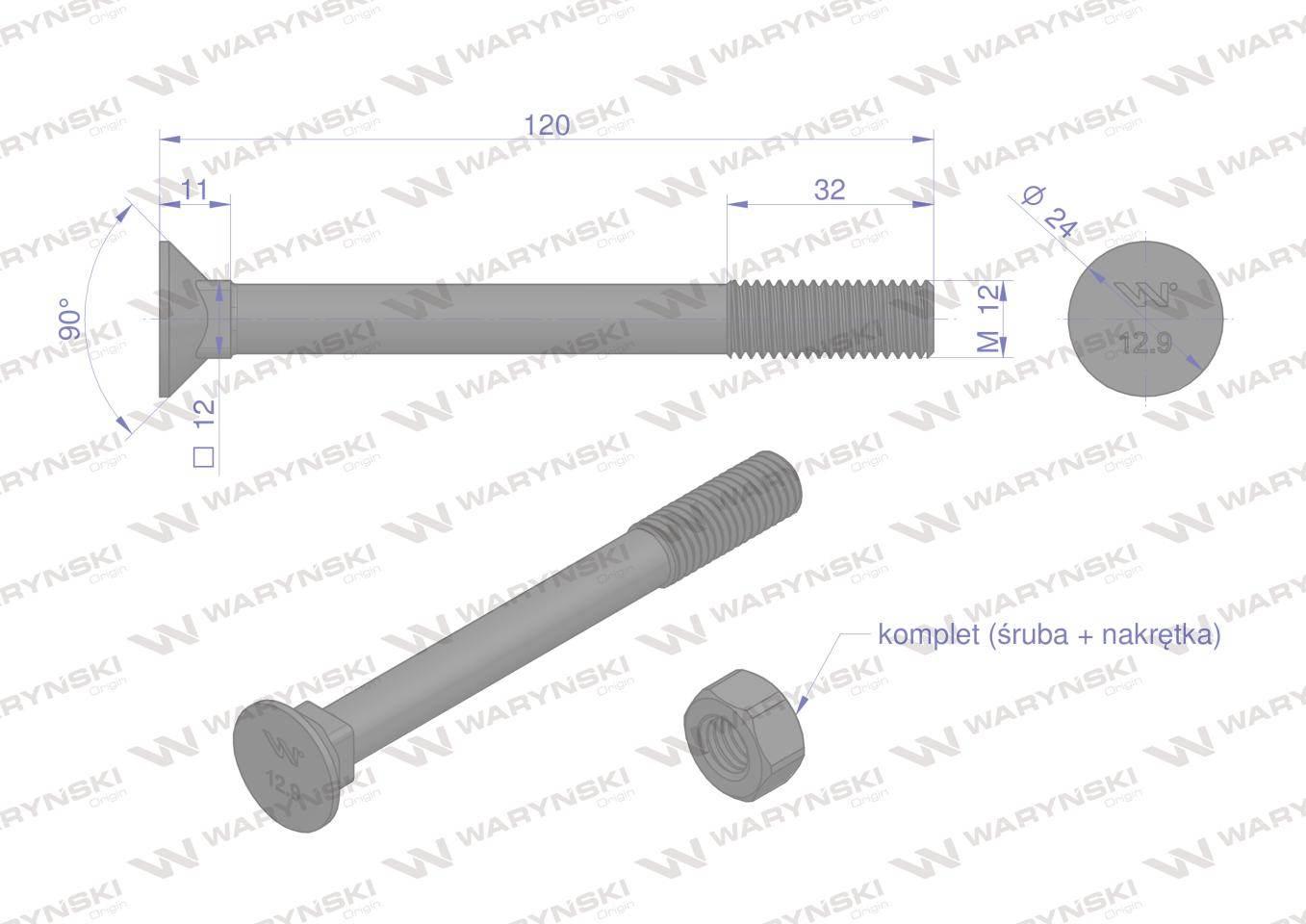 Śruba kpl. płużna podsadzana D 608 M12x120 mm kl.12.9 Waryński 10szt - zdjęcie 2