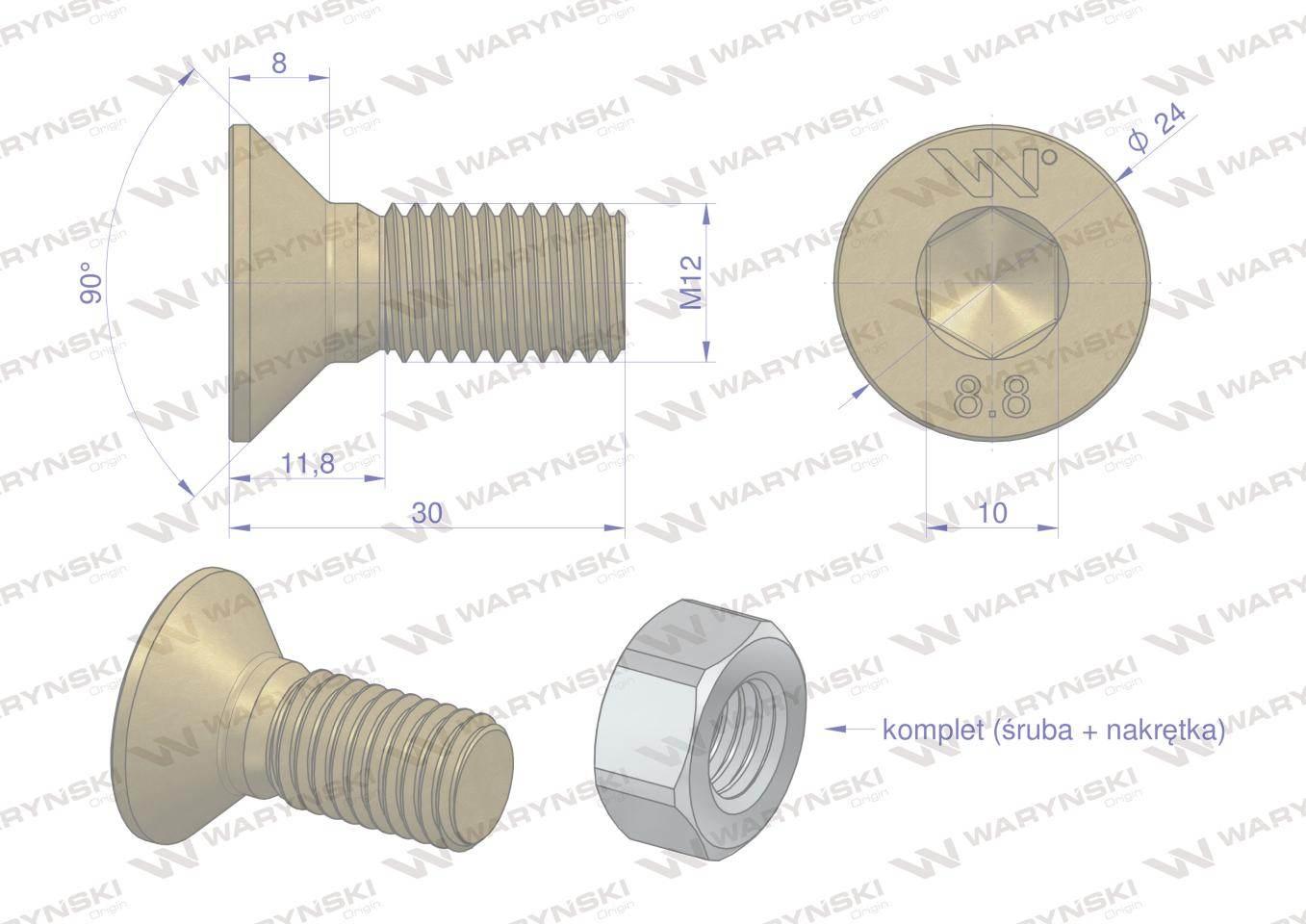 Śruba kpl. M12x30 - imbus 10 DIN7991 Waryński 25szt W-799128830 - zdjęcie 2