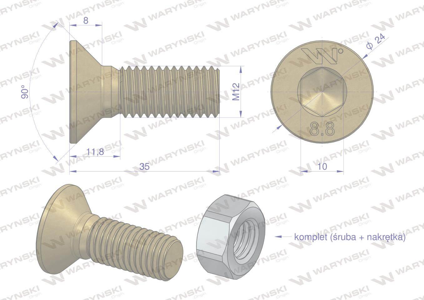 Śruba kpl. M12x35 - imbus 10 DIN7991 Waryński 25szt W-799128835 - zdjęcie 2