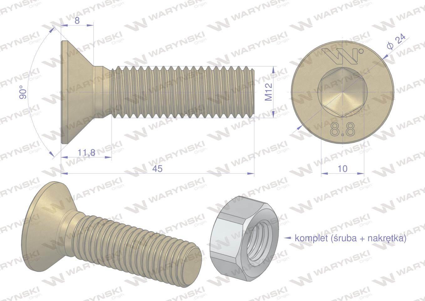 Śruba kpl. M12x45 - imbus 10 DIN7991 Waryński 25szt W-799128845 - zdjęcie 2