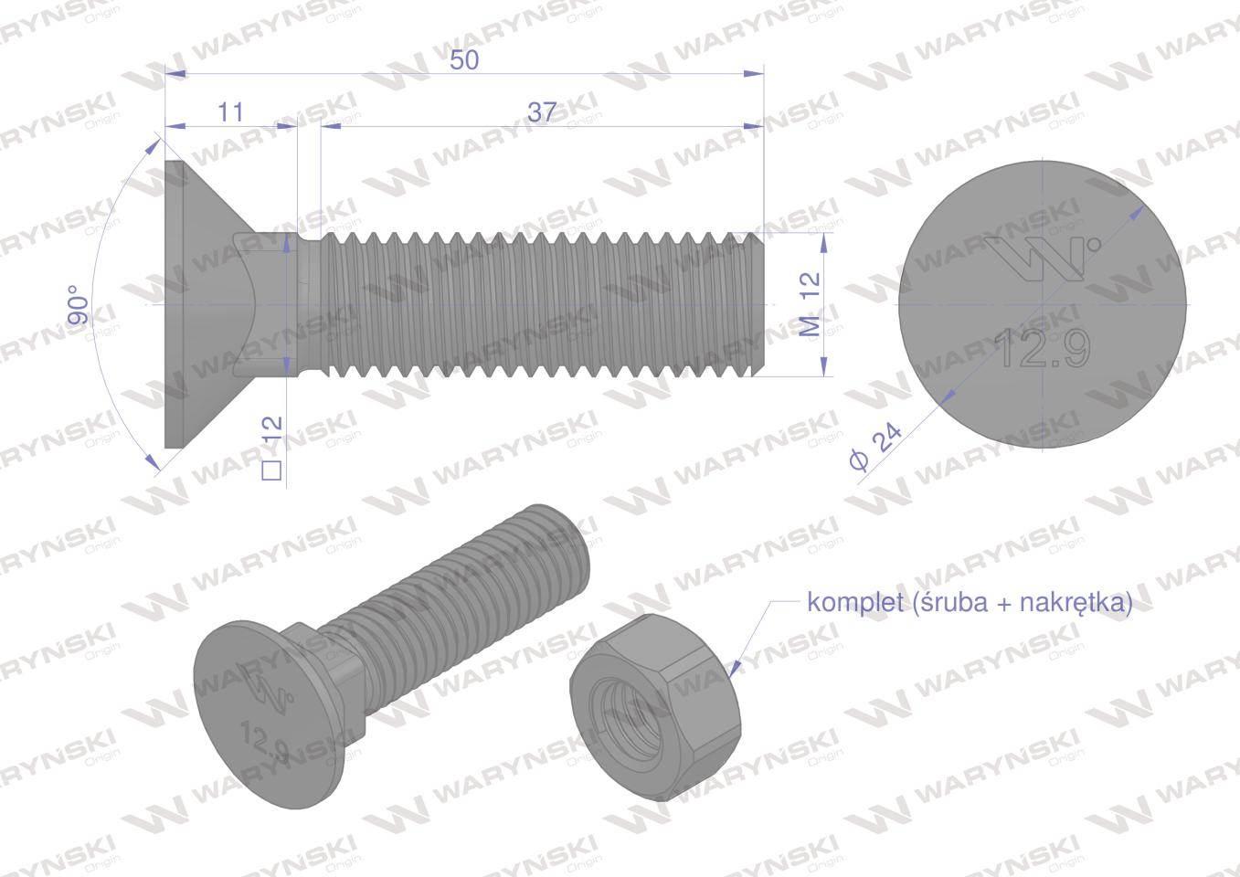 Śruba kpl. płużna podsadzana D 608 M12x50 mm kl.12.9 zastosowanie ząb SX Wa - zdjęcie 2