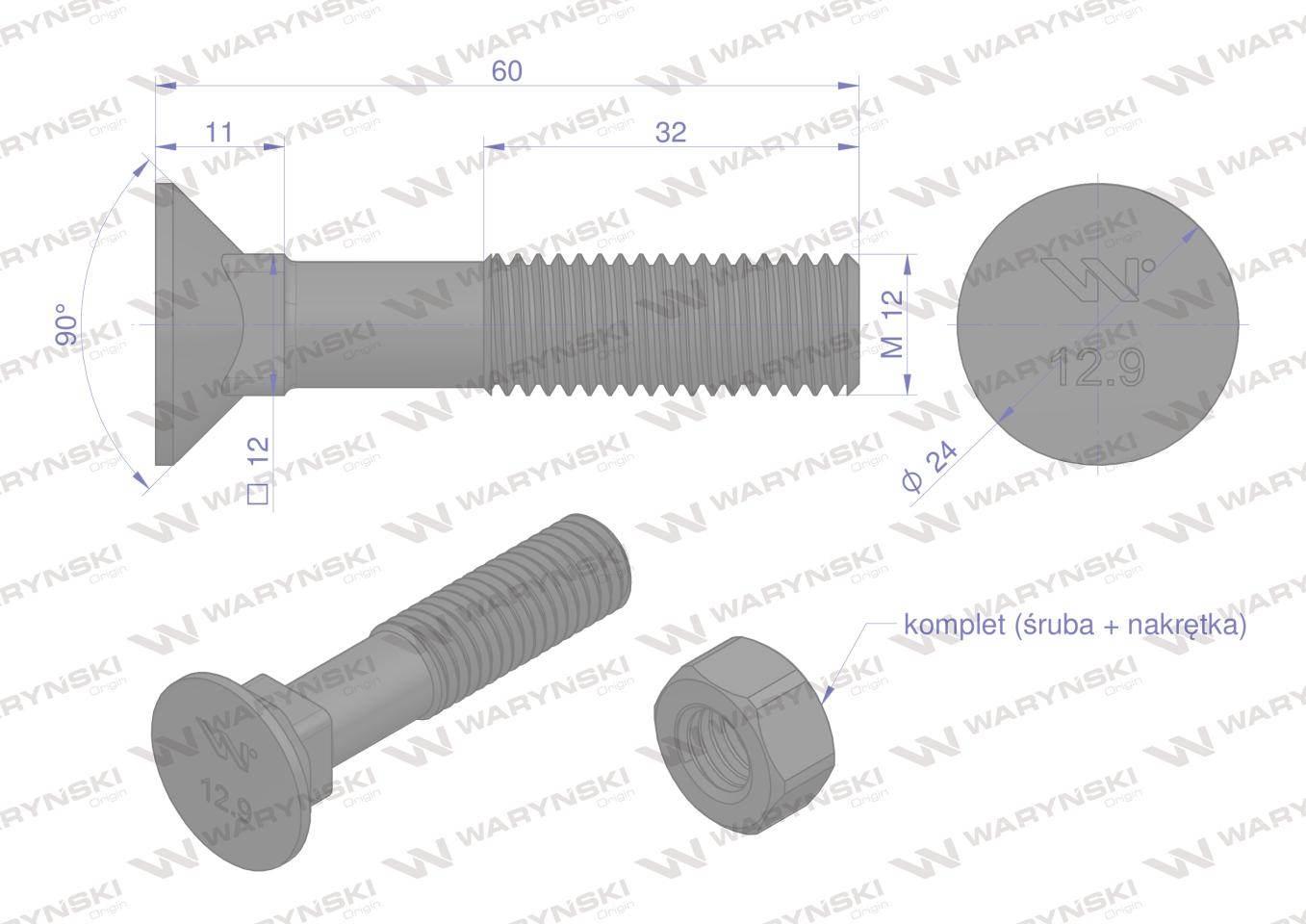 Śruba kpl. płużna podsadzana D 608 M12x60 mm kl.12.9 Waryński 25szt - zdjęcie 2