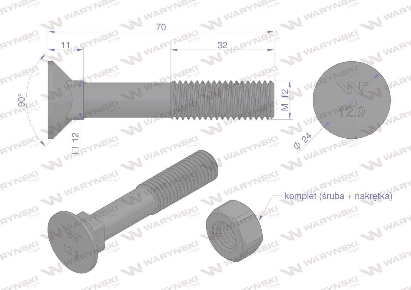 Śruba kpl. płużna podsadzana D 608 M12x70 mm kl.12.9 zastosowanie Gruber Wa - zdjęcie 2