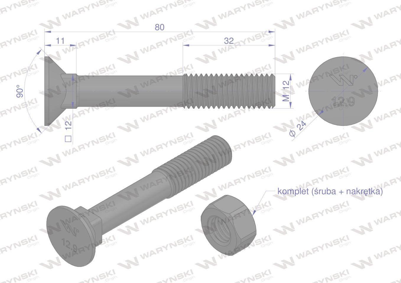 Śruba kpl. płużna podsadzana D 608 M12x80 mm kl.12.9 zastosowanie Gruber Wa - zdjęcie 2