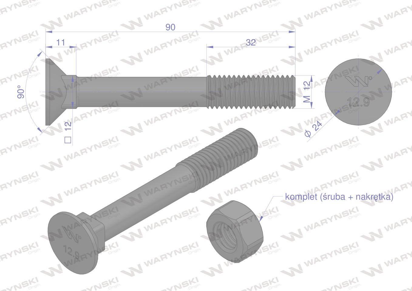 Śruba kpl. płużna podsadzana D 608 M12x90 mm kl.12.9 zastosowanie Gruber Wa - zdjęcie 2