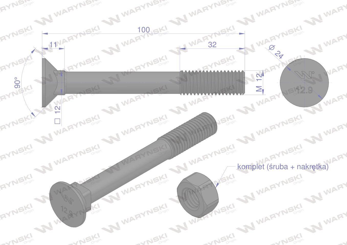 Śruba kpl. płużna podsadzana D 608 M12x100 mm kl.12.9 Waryński 10szt - zdjęcie 2