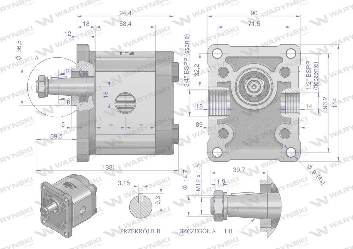 Pompa hydrauliczna zębata 11.0cm3 (grupa 2 - typ europejski) wałek 1:8 przy - zdjęcie 4