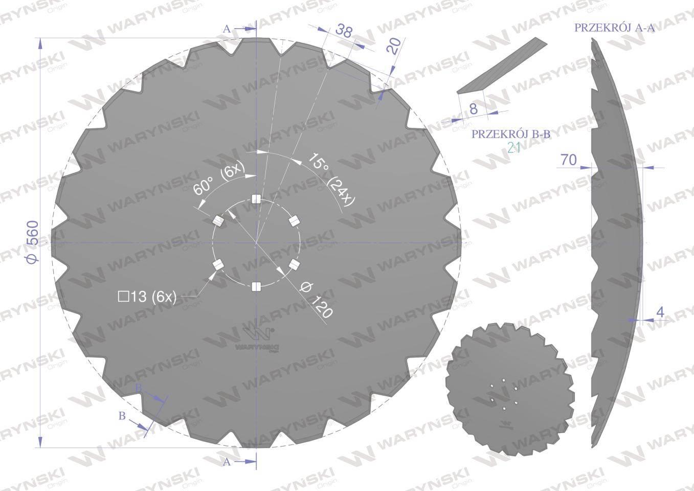 Talerz uzębiony Z-24 fi 560 mocowanie 6/120 grubość 4 mm stal borowa WARYŃS - zdjęcie 2