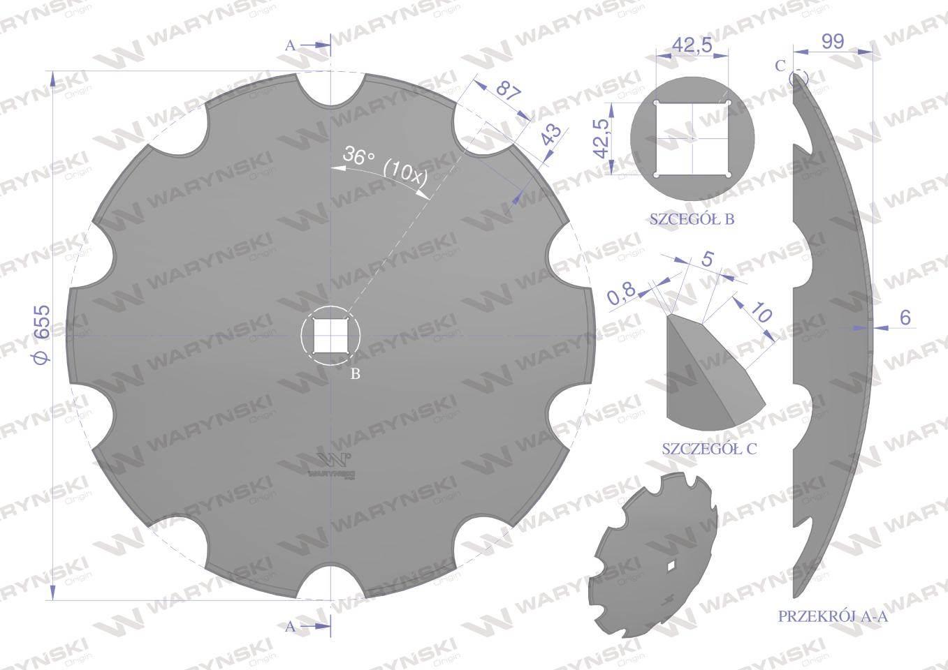 Talerz uzębiony Z-10 fi 660 otwór 40x40 grubość 6mm stal borowa WARYŃSKI R - zdjęcie 2