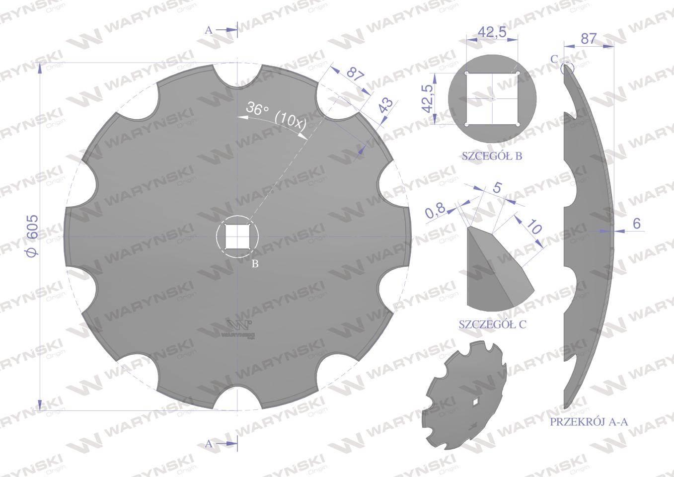 Talerz uzębiony Z-10 fi 610 otwór 40x40 grubość 6 mm stal borowa WARYŃSKI R - zdjęcie 2